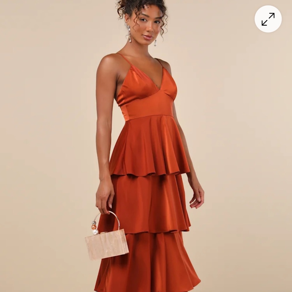 Lulu's Rust Satin Tiered Midi Dress